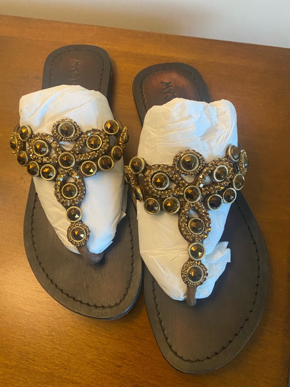 Mystique Boutique Brown Sandal Slides with Gold Jewel Accents